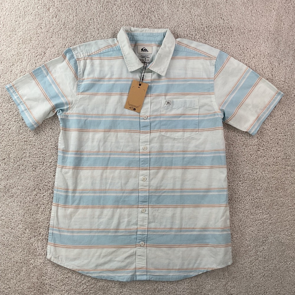 Quiksilver Cali Sunrise Youth Striped Short Sleeve Button Up Shirt Blue XL 16